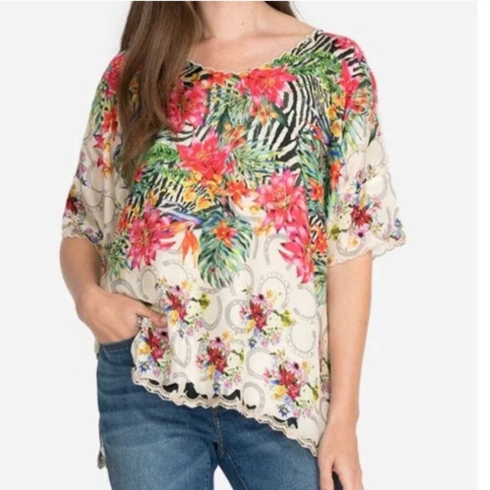Johnny Was Sea biscuit Shiloh Top 100% Silk Oversized Horses Floral Blouse Rare